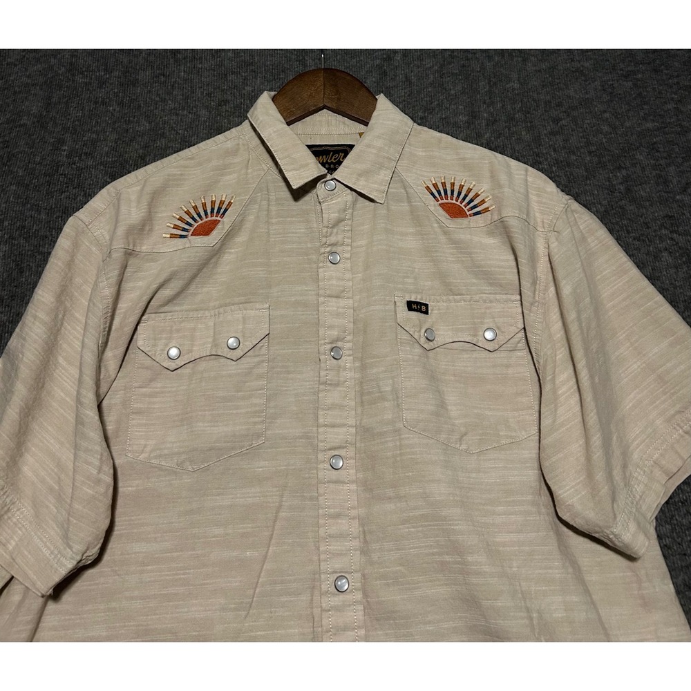 Howler Brothers Gaucho Shirt Mens L Beige Pearl Snap Short Sleeve Sunrise